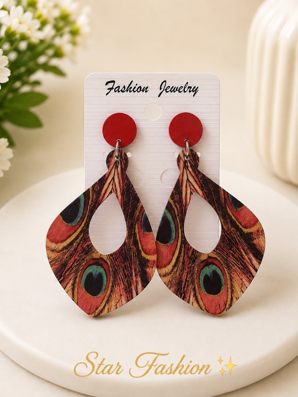 Red Peacock Feather Teardrop Earrings
